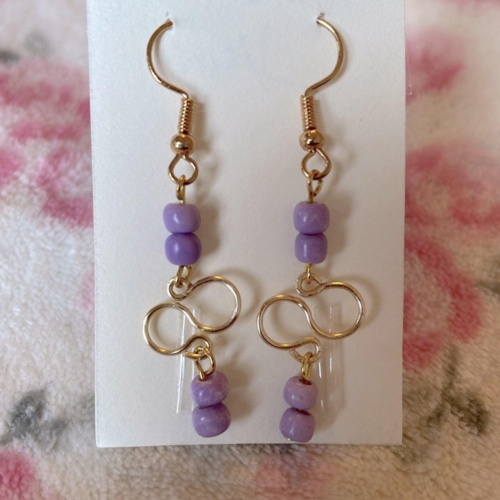 Gold and Purple Beaded Infinity Earrings - Picture 5 of 11